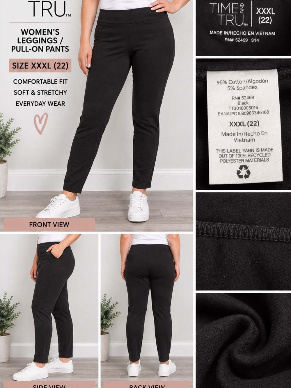 Women’s Time and Tru Black Pull-On Slim Leggings Size 22